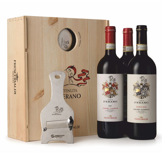 2x Chianti Classico DOCG "Tenuta Perano" + 1x Chianti Classico Riserva DOCG "Tenuta Perano" - Frescobaldi (cassetta regalo con affettatartufi)